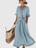 Women's Maxi Dress V-Neck with Contrast Trim and Twist Front - Blue