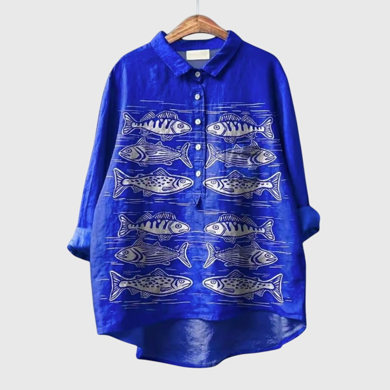 Women's Blouse with Collar and Cat Print - Dark Blue