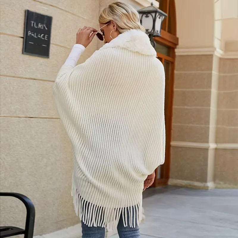Women's Knitted Scarf with Faux Fur Trim and Fringed Edge - 4