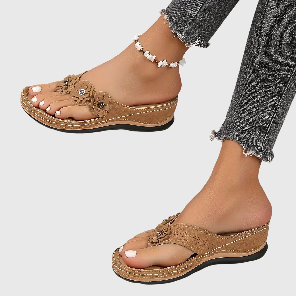 Women's Toe-Post Wedge Sandals with Floral Trim - 6
