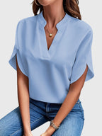 Women's Blouse Short Sleeve with V-Neck and Split Cuffs - 10