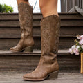 Women's Knee-High Embroidered Cowboy Boots with Pointed Toe - Brown