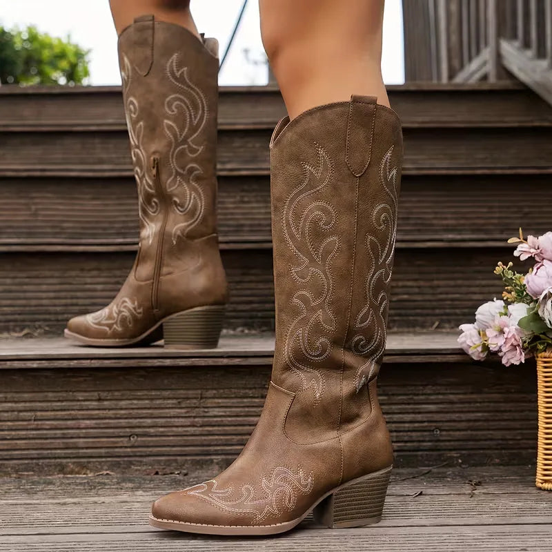 Women's Knee-High Embroidered Cowboy Boots with Pointed Toe - Brown