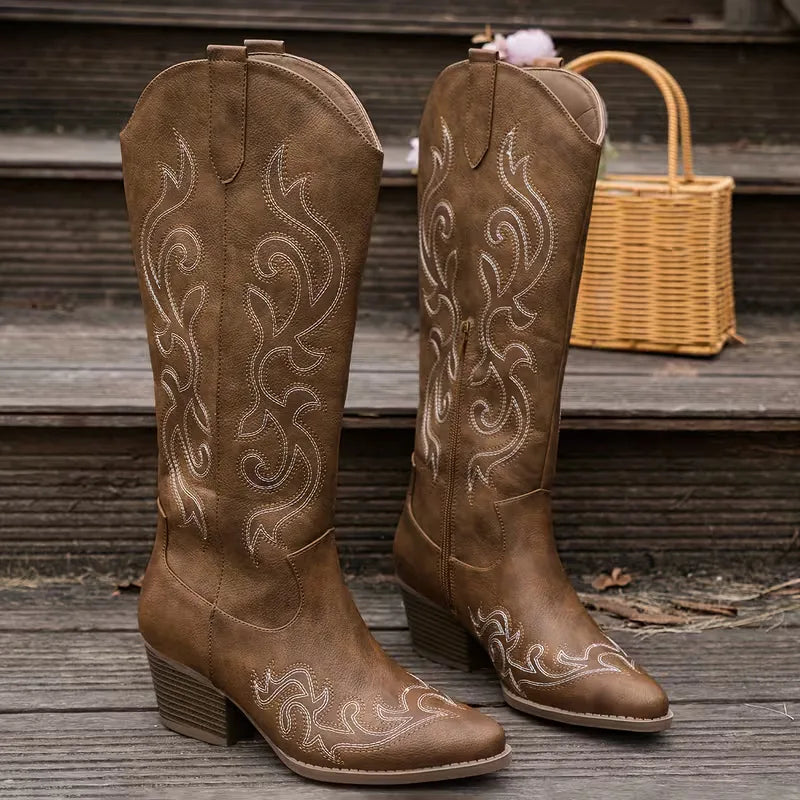 Women's Knee-High Embroidered Cowboy Boots with Pointed Toe - 4