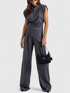 Women's Two-Piece Set Sleeveless Draped Top with Wide-Leg Trousers - Dark Grey