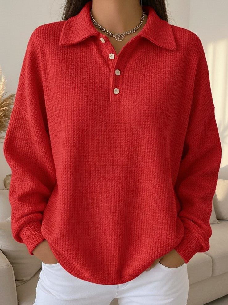 Women's Jumper with Collar and Button Placket - Red