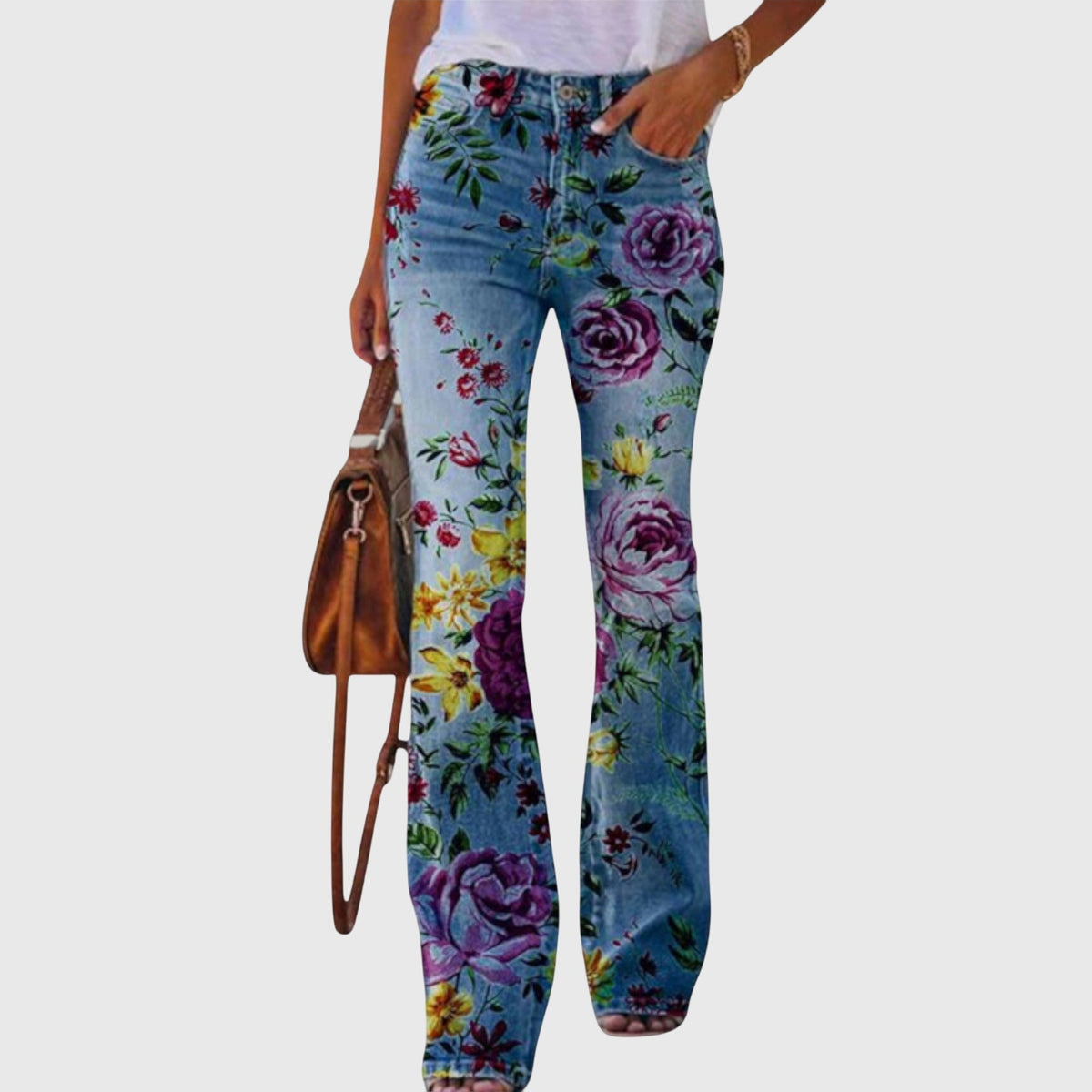 Women's Wide Leg Trousers with Floral Print and Button Detailing - Purple Flower