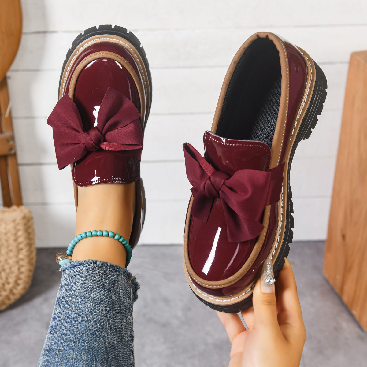 Women's Platform Loafers with Bow Detail and Chunky Sole - Burgundy Reserve
