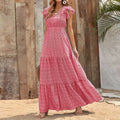 Women's Floral Print Maxi Dress with V-Neck and Ruffle Sleeves - Red
