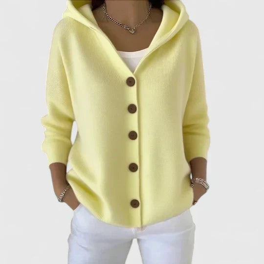 Women's Hooded Cardigan Button-Front with Long Sleeves - Yellow
