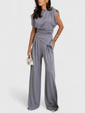 Women's Two-Piece Set Sleeveless Draped Top with Wide-Leg Trousers - Light Grey