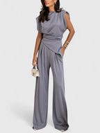 Women's Two-Piece Set Sleeveless Draped Top with Wide-Leg Trousers - Light Grey