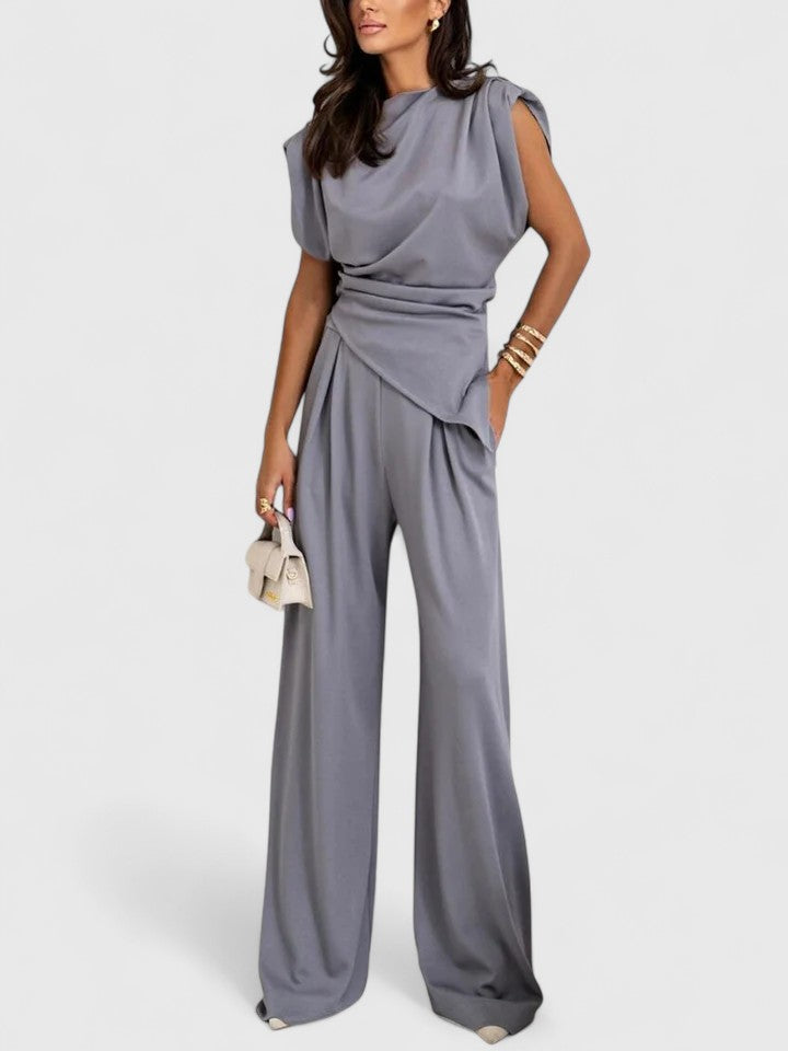 Women's Two-Piece Set Sleeveless Draped Top with Wide-Leg Trousers - Light Grey