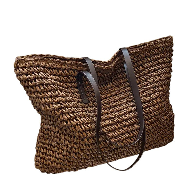 Women's Woven Tote Bag with Faux Leather Straps - Coffee