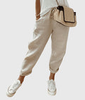 Women's Elastic Waist Trousers with Drawstring and Tapered Leg - Beige