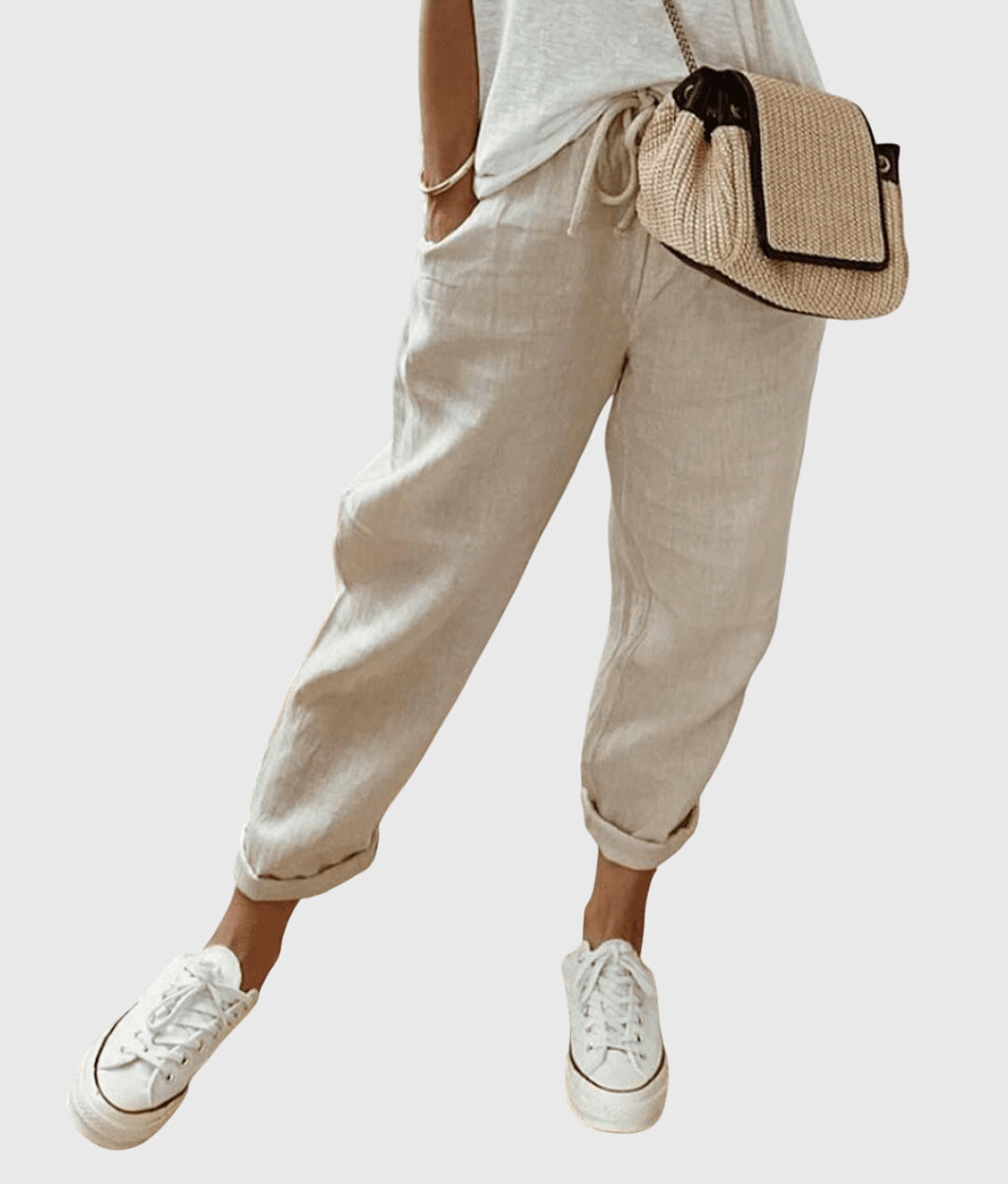Women's Elastic Waist Trousers with Drawstring and Tapered Leg - Beige