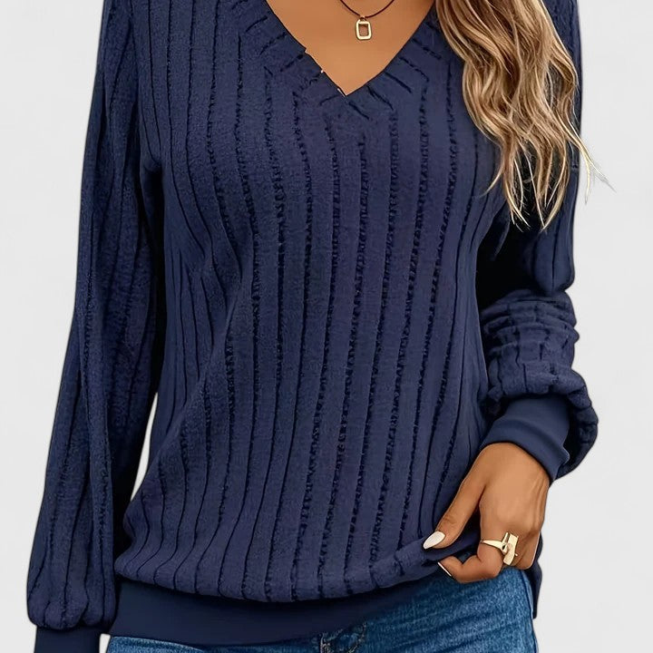 Women's Jumper V-Neck Ribbed Long Sleeve - Navy Blue