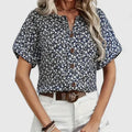 Women's Blouse Short Sleeve with Floral Print and Button-Up Front - Blue