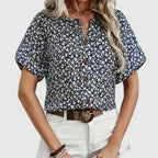 Women's Blouse Short Sleeve with Floral Print and Button-Up Front - Blue