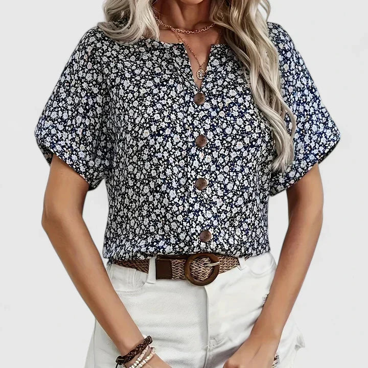 Women's Blouse Short Sleeve with Floral Print and Button-Up Front - Blue