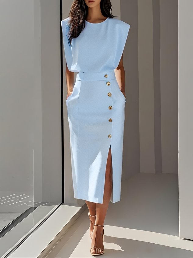 Women's Bodycon Midi Dress Sleeveless with Button Detail and Side Slit - Light Blue