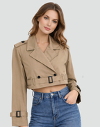 Women's Cropped Trench Coat with Belted Waist and Double-Breasted Front - 2