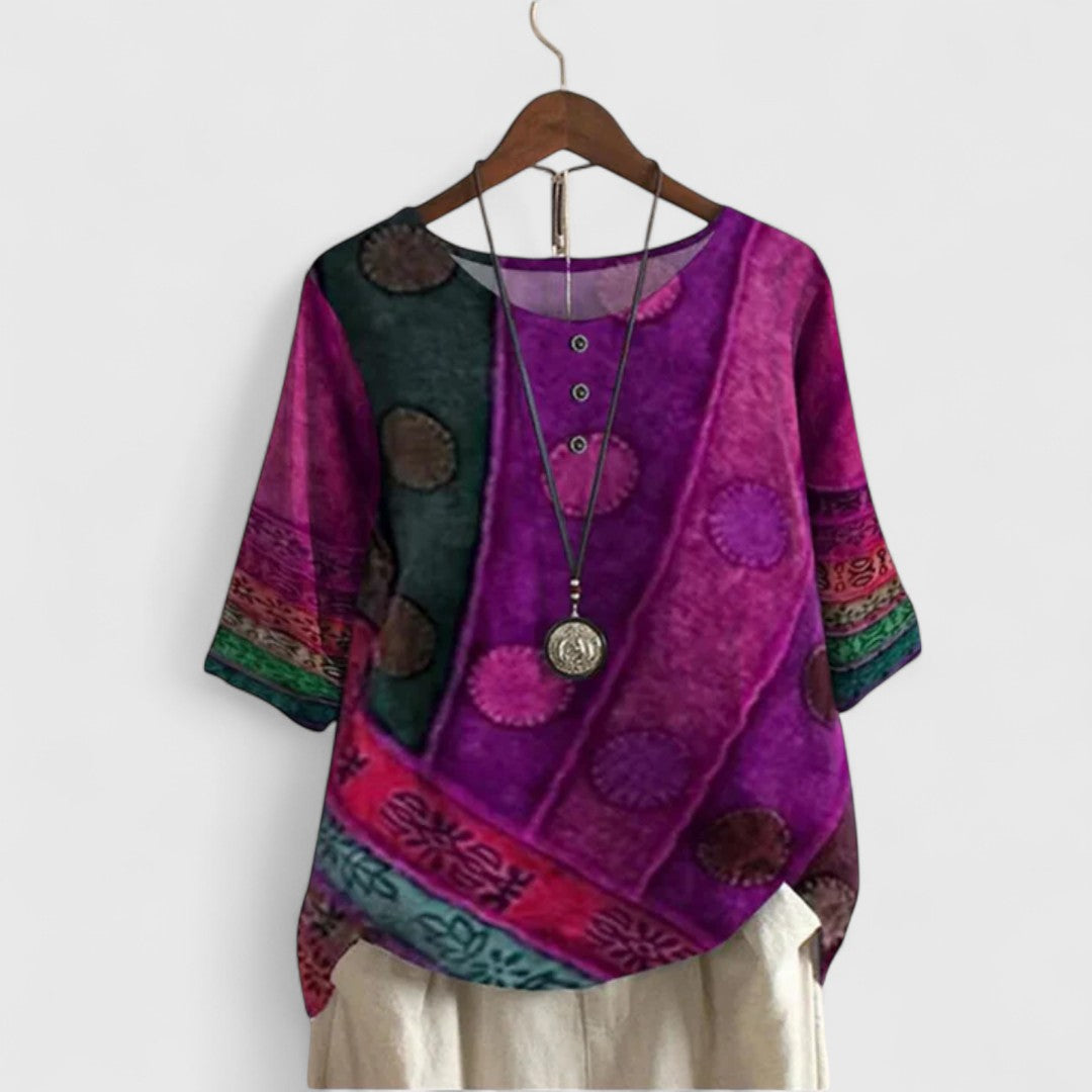 Women's Boho Top Round Neck with Patchwork Print and Button Detail - Purple