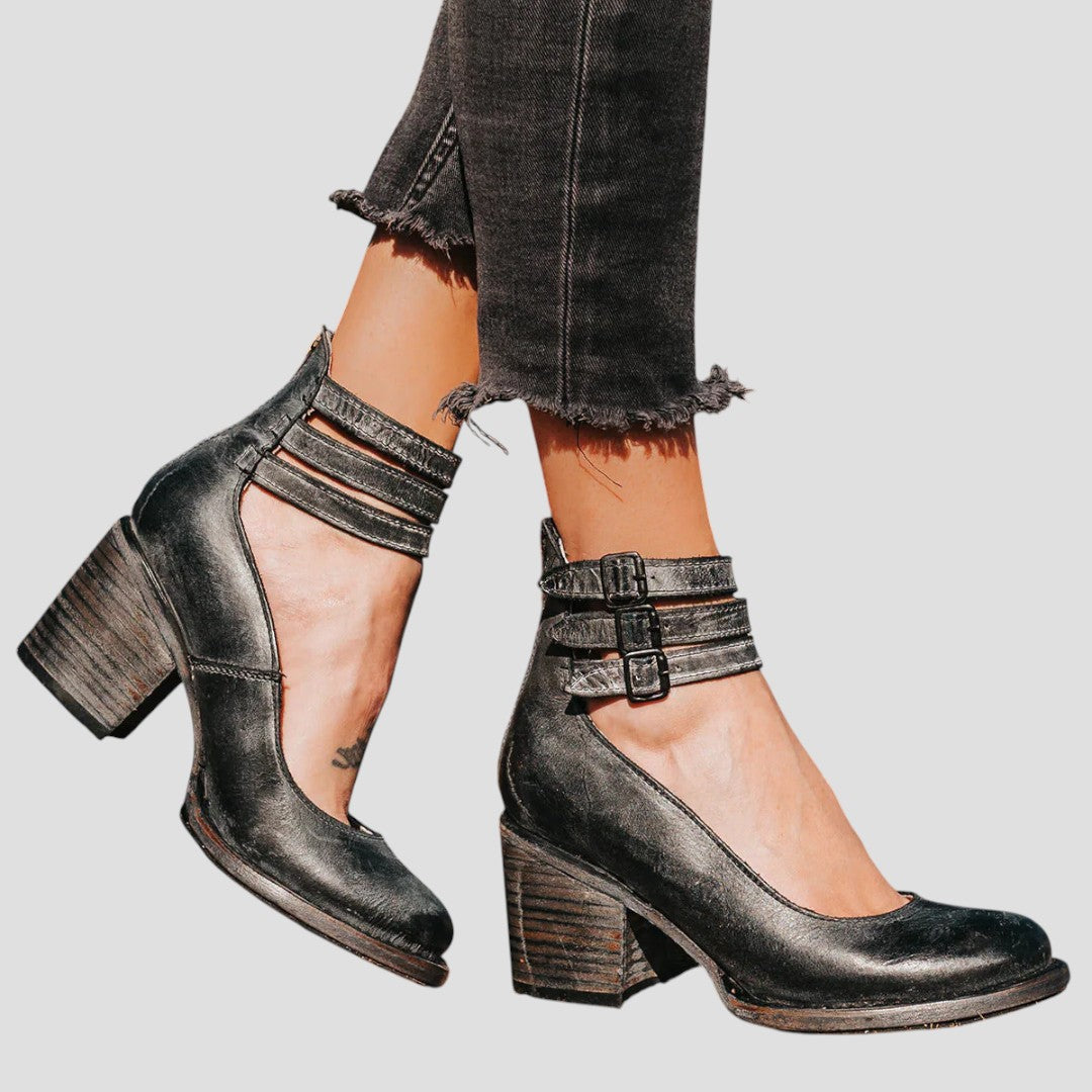Women's Ankle Boots with Double Buckle Straps and Block Heel - Black