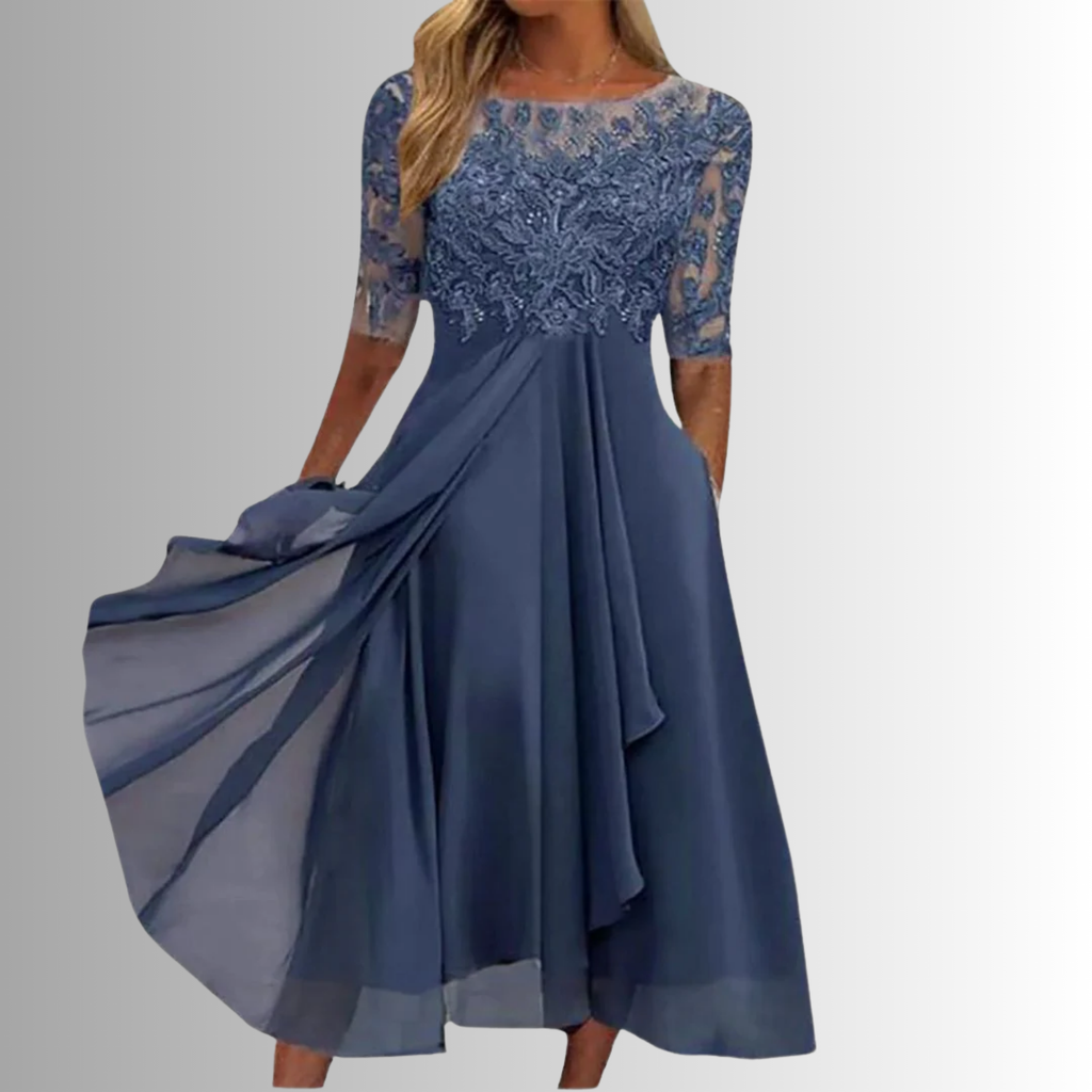 Women's Midi Dress with Lace Bodice and Half Sleeves - Blue