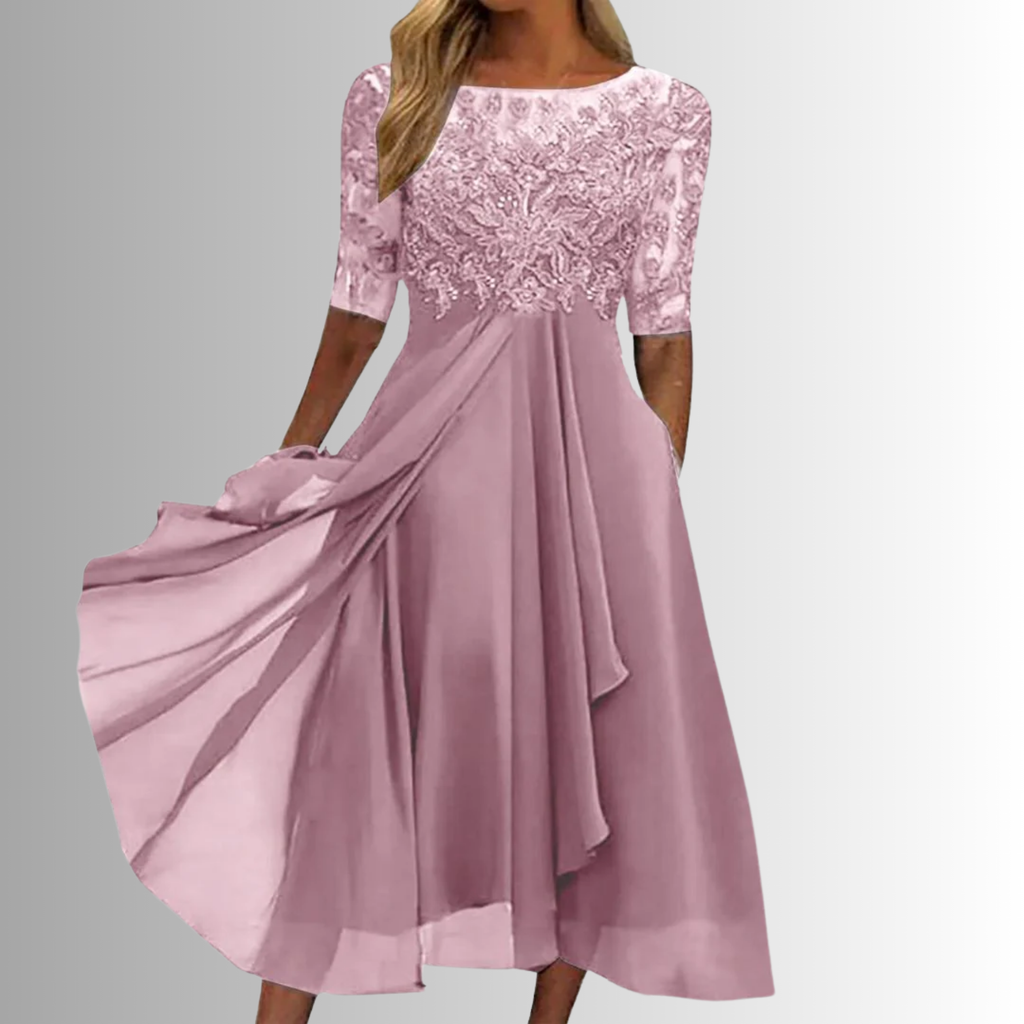 Women's Midi Dress with Lace Bodice and Half Sleeves - Pink