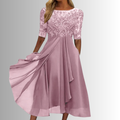 Women's Midi Dress with Lace Bodice and Half Sleeves - Pink