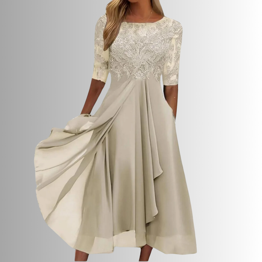 Women's Midi Dress with Lace Bodice and Half Sleeves - Cream