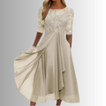 Women's Midi Dress with Lace Bodice and Half Sleeves - Cream
