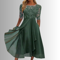 Women's Midi Dress with Lace Bodice and Half Sleeves - Green