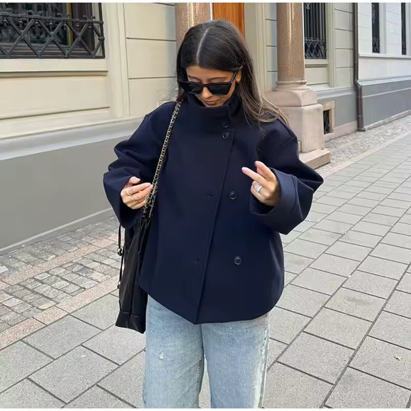 Women's Short Peacoat with High Collar and Minimalist Design