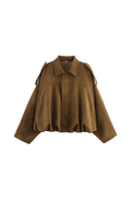 Women's Cropped Bomber Jacket with Collared Neckline and Oversized Sleeves - Khaki
