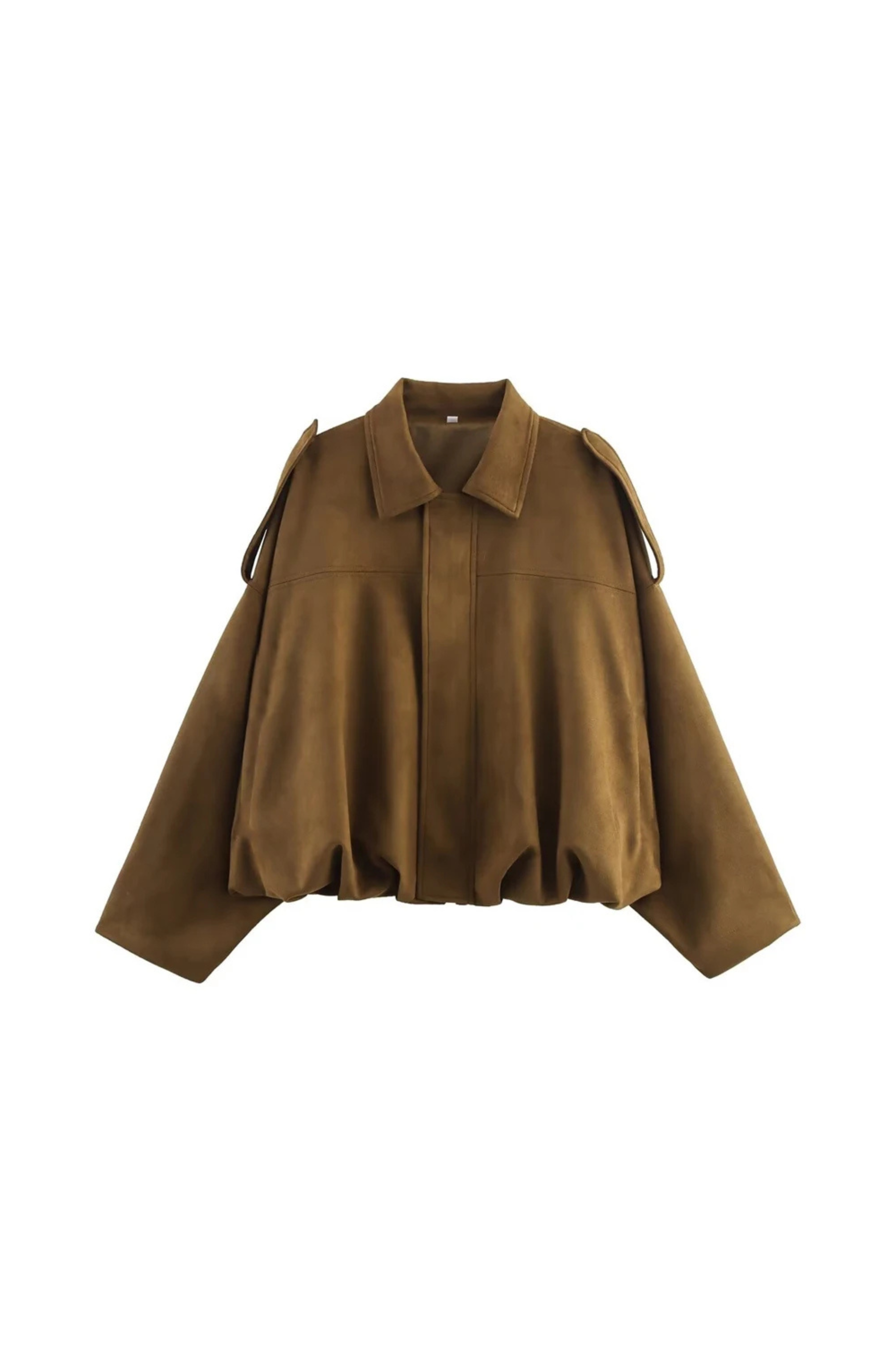 Women's Cropped Bomber Jacket with Collared Neckline and Oversized Sleeves - Khaki