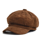 Women's Newsboy Cap with Ribbed Texture and Rounded Panels - Brown