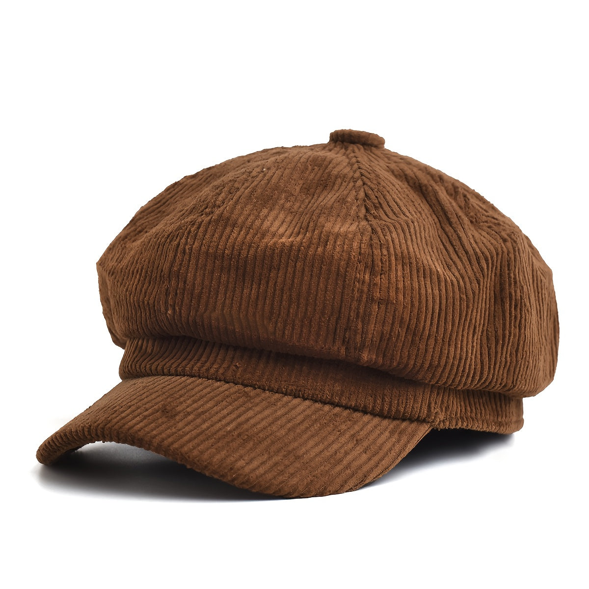 Women's Newsboy Cap with Ribbed Texture and Rounded Panels - Brown