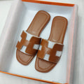 Women's Slip-On Sandals with H-Strap Cutout and Low Heel - Brown