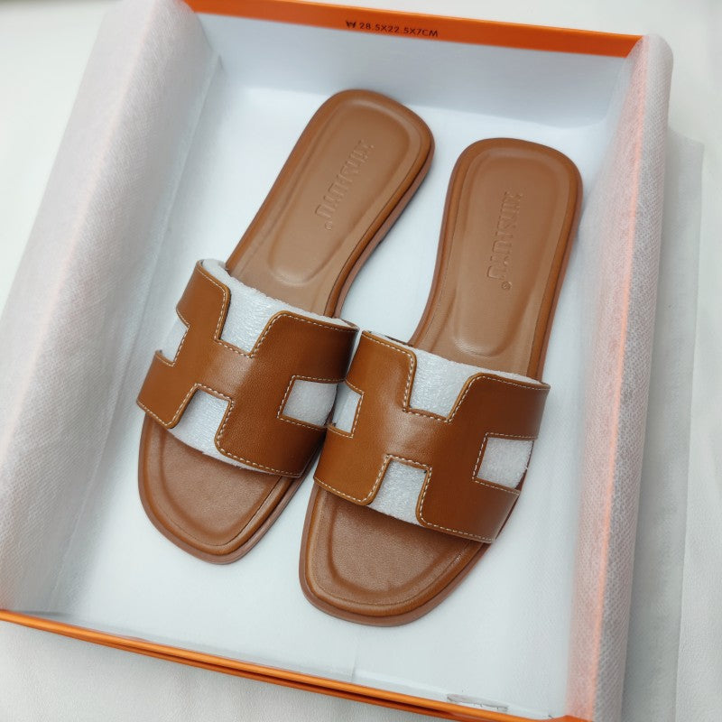 Women's Slip-On Sandals with H-Strap Cutout and Low Heel - Brown