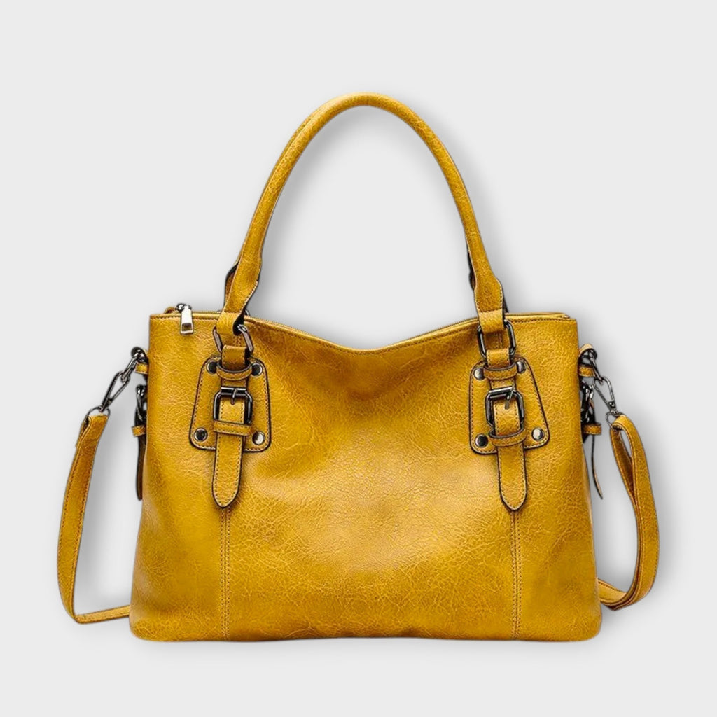 Women's Shoulder Bag with Buckle Straps and Magnetic Flap Closure - Yellow