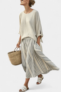 Women's Two-Piece Set Loose Blouse with Striped Midi Skirt - Beige