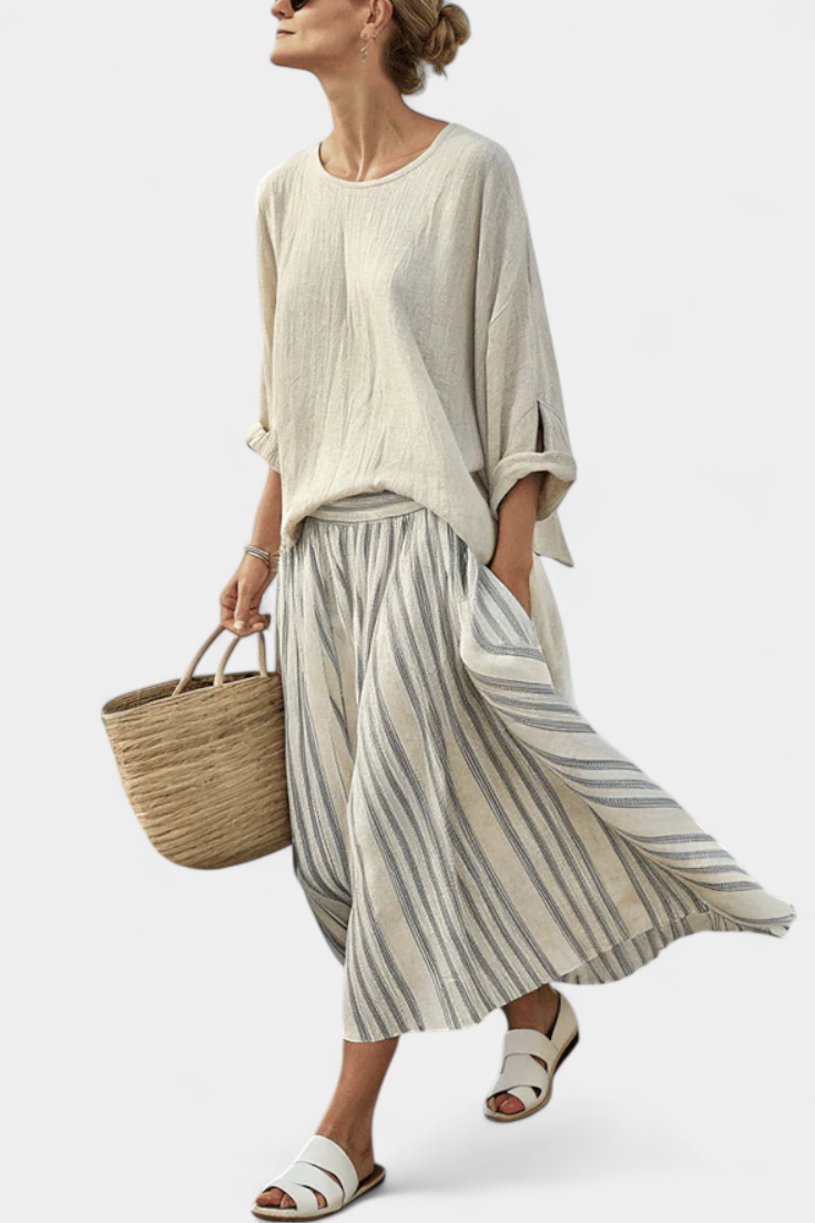 Women's Two-Piece Set Loose Blouse with Striped Midi Skirt - Beige