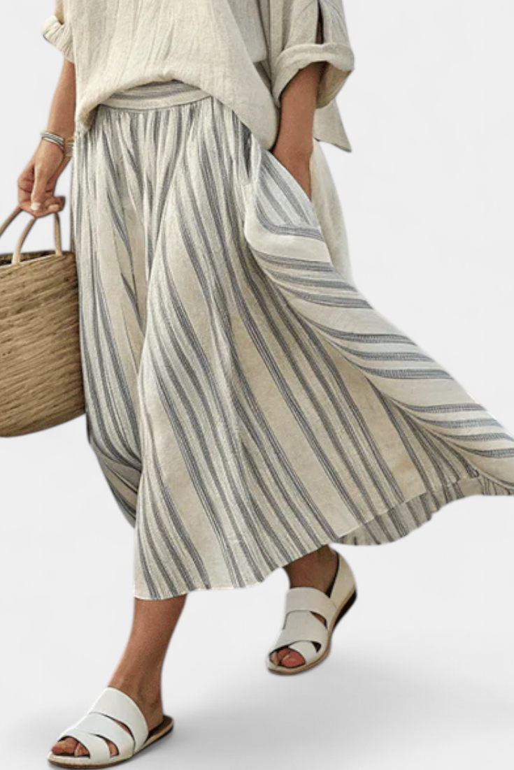 Women's Two-Piece Set Loose Blouse with Striped Midi Skirt - 3