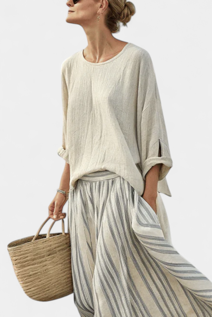 Women's Two-Piece Set Loose Blouse with Striped Midi Skirt - 2