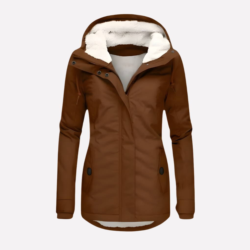 Women's Hooded Winter Coat with Sherpa Lining and Zip Front - Brown