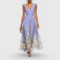 Women's Maxi Dress Sleeveless with V-Neck and Floral Print A-Line - Purple