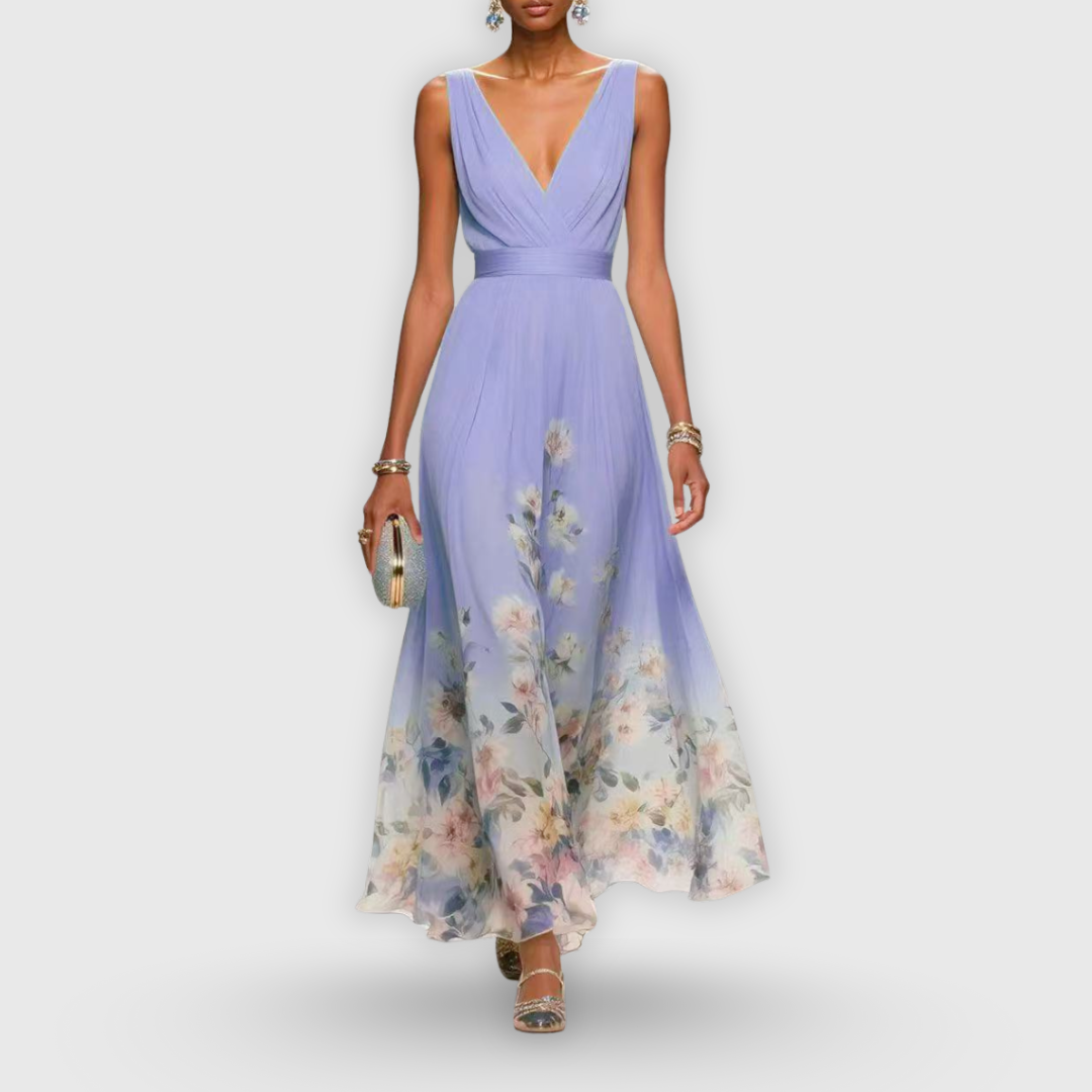 Women's Maxi Dress Sleeveless with V-Neck and Floral Print A-Line - Purple
