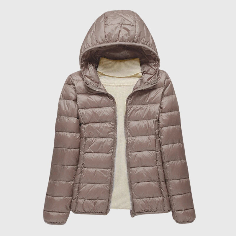 Women's Quilted Jacket with Hood and Zip Fastening - Khaki Hood
